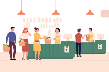 Customers standing in line or queue to cashier in supermarket. Shopping vector concept. People queue in retail store market illustration.