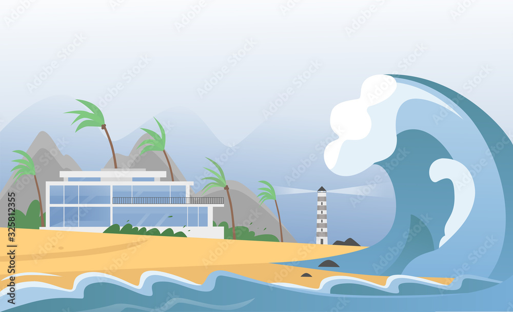 Natural strong disaster with fog and tsunami waves from ocean with house, mountains, palms and lighthouse. Earthquake tsunami wave hits the sand beach vector illustration - obrazy, fototapety, plakaty 