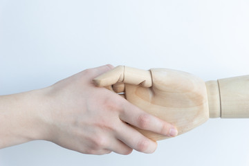 handshake of wooden hand and young female hand on white background, space for text, eliminating differences concept