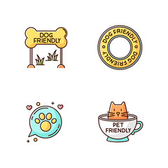 Poster - Cat and dog friendly areas emblems RGB color icons set. Four-legged friends allowed territories signs. Kitty and doggy welcome, animals permitted zones. Isolated vector illustrations