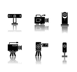 Wall Mural - Webcams drop shadow black glyph icons set. Digital video cameras. Online chatting, conference. Surveillance. Portable recording gadgets. Mobile devices. Isolated vector illustrations on white space