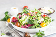 Green mix salad leaves with colored cherry tomatoes, ricotta or feta cheese and balsamic in a white ceramic plate on a light grey background. Healthy food concept.
