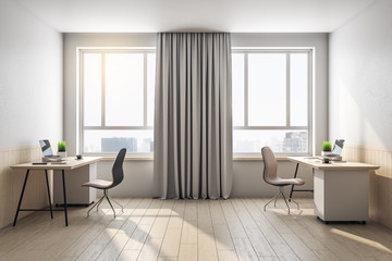 Poster - Home office desk with laptop on table andmegapolis city view.