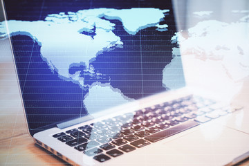 Poster - Laptop with digital world map