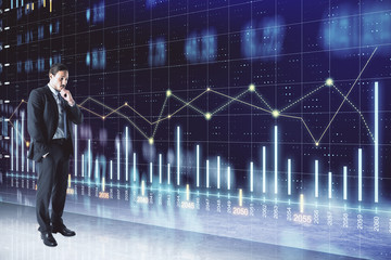 Aufkleber - Thinking businessman standing near glowing stock analytics
