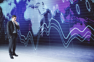 Aufkleber - Businessman standing near glowing stock analytics on virtual screen.