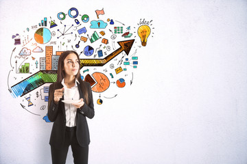 Poster - Businesswoman holding cup of coffee and drawing success marketing plan