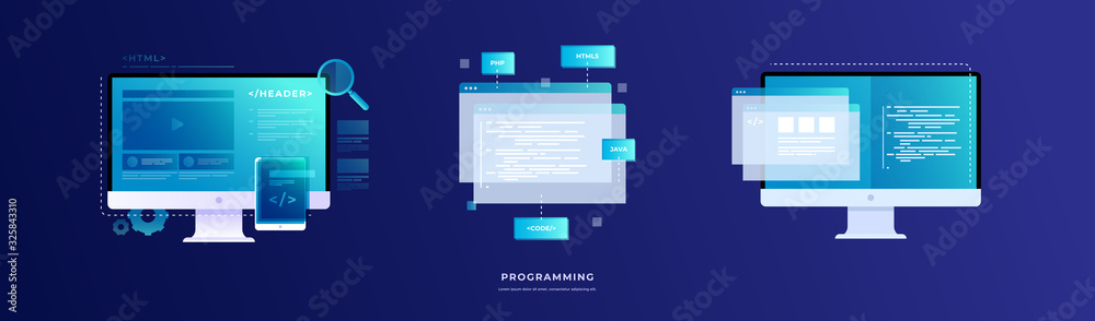 Set of vector illustrations on the theme of programming and software. Monitors with program codes on the screen and open web pages. Vector flat illustration. - obrazy, fototapety, plakaty 