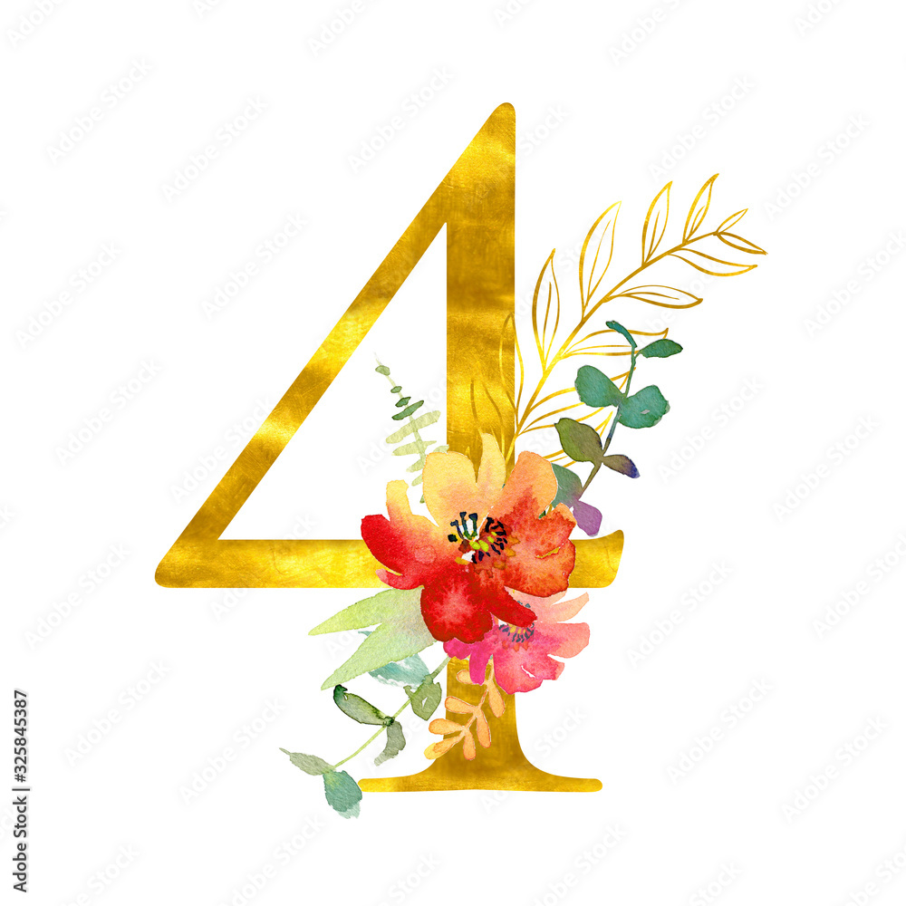 Elegant summer decorated floral numbers. Golden digit 4 with a watercolor bouquet. Element for design - obrazy, fototapety, plakaty 