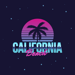 Wall Mural - california beach retro neon logo. 80's logo design with beach palm and retro sun. vector logo templa