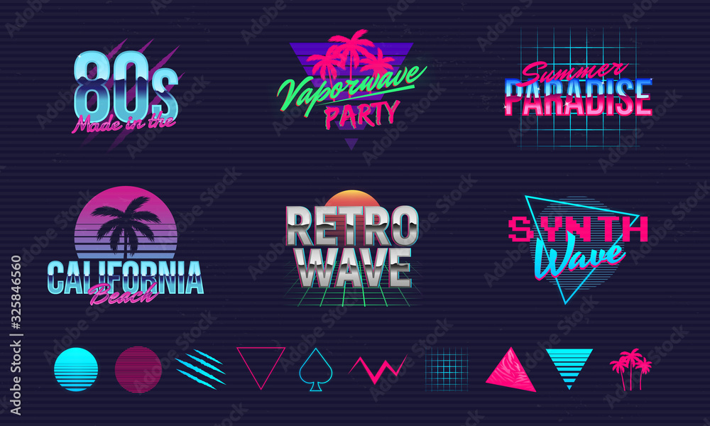 6 Retro neon logo templates and 10 trendy elements to create your own design. Print for t-shirt, banner, poster, cover, badge and label. Retro 80's typography design. Vector illustration - obrazy, fototapety, plakaty 