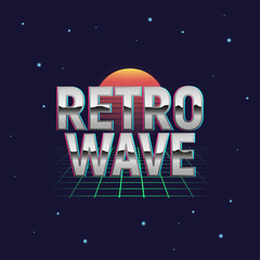 Wall Mural - retrowave outrun neon logo design. retrowave badge, label, sign with grid and retro sun. vaporwave, 
