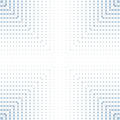 Vector geometric seamless pattern with radial halftone transition effect in square form. Stylish light blue and white background with small fading rhombuses, lines, grid. Trendy repeatable design