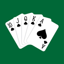 Royal Flush Hand Of Spades, Playing Cards Deck Colorful Illustration. Poker Cards, Jack, Queen, King And Ace Vector.
