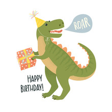 Party Invitation Card Template With Dinosaur Design Flat Style Concept.