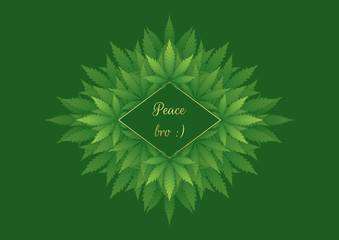 Wall Mural - Vector background with cannabis leaves and space for text. Diamond golden frame and marijuana plants on green backdrop for your design of banner, cover and various products.