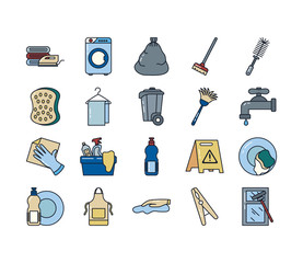 Sticker - cleaning service line and fill style icon set vector design