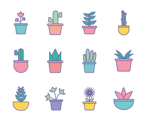 Poster - Isolated plants inside pots line and fill style icon set vector design