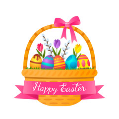 Wall Mural - festive easter basket with a set of eggs with ornament and flowers. Bow and greeting lettering on a ribbon.