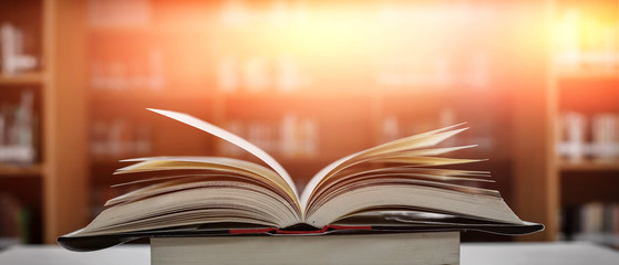 Stack of books in the library and blur bookshelf background	