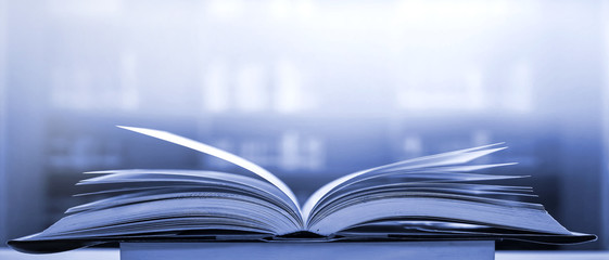 Poster - Stack of books in the library and blur bookshelf background	