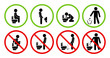 Set of toilet signs. WC icons.  Restroom Signs Illustration. No pee sign. Set of prohibition signs.
