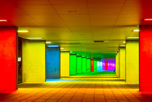 Mulitcolored Illuminated Rainbow Gallery Tunnel Near The NAI Building In The Nederlands Architecture Institute Near Museum Park In Rotterdam
