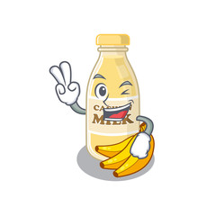 Poster - mascot of funny cashew milk cartoon Character with two fingers