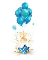 Wall Mural - open textured gift box with number 2 flying on balloons. greeting for second anniversary isolated ve
