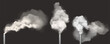 © klyaksun - Chimneys with smoke, pipes with steam set. Industrial smog white clouds, factory or plant flues isolated on black background, environmental air pollution concept, Realistic 3d vector illustration