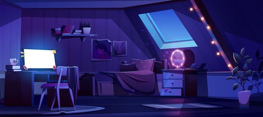 Girl bedroom interior on attic at night. Vector cartoon mansard teenager room with unmade bed, glowing computer screen, moonlight from window in roof and lamps