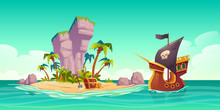 Tropical Island With Treasure Chest And Pirate Ship In Ocean. Vector Cartoon Illustration Of Sea Landscape With Wooden Ship With Skull On Black Sails, Uninhabited Island And Gold Coins On Sand Beach