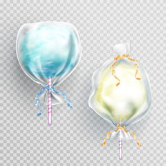 Wall Mural - Cotton candy in package bag isolated on transparetn background. Vector realistic set of blue and yellow sugar floss clouds in clear plastic wrapper with ribbons. Sweet fluffy snack on summer fair