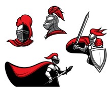Medieval Knights With Swords, Vector Heraldic Icons. Roman Warrior Or Guard With Blade In Armour With Red Cape. Heraldry Symbols Of Royal Knight In Helmet With Red Plumage