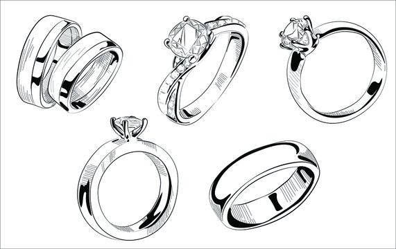 Vector hand drawn illustration of jewelry wedding and engagement rings set in vintage engraved style. Isolated on white background.