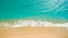 Top View Aerial Image From Drone Of An Stunning Beautiful Sea Landscape Beach With Turquoise Water With Copy Space For Your Text.Beautiful Sand Beach With Turquoise Water,aerial UAV Drone Shot