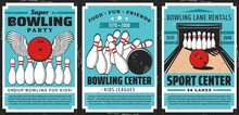 Bowling Alley With Balls And Pins, Vector Posters. Bowling Sport Center Lanes With Skittles Strike And Winged Ball. Retro Posters Of Sporting Competition And Leisure Activity
