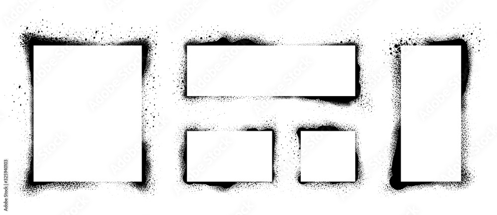 Spray Paint Vector Elements isolated on White Background. Set of  frame and black round ink stains, Lines and Drips Black ink splatters, Ink blots set, Street style. - obrazy, fototapety, plakaty 
