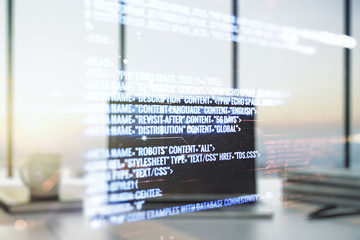 Poster - Abstract creative coding illustration on modern computer background, software development concept. Multiexposure