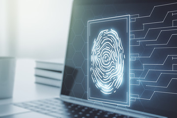 Aufkleber - Double exposure of abstract creative fingerprint hologram on laptop background, research and development concept