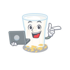 Sticker - Cool character of oats milk working with laptop