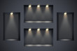 Wall with niches and spotlights. Concept of gallery. Recess in a dark wall in rectangle shaped with point light. Black color. Editable Background Vector illustration.