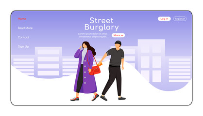 Poster - Street burglary landing page flat color vector template. Thief stealing wallet. Pickpocket. Homepage layout. One page website interface with cartoon character. Web banner, webpage