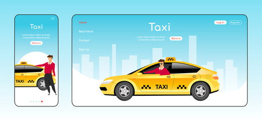 Poster - Taxi responsive landing page flat color vector template. Car order service homepage layout. One page website UI with cartoon character. Express cab delivery adaptive webpage cross platform design