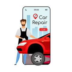 Car repair cartoon smartphone vector app screen. Mobile phone display with flat character design mockup. Auto workshop. Professional automobile maintenance service application telephone interface