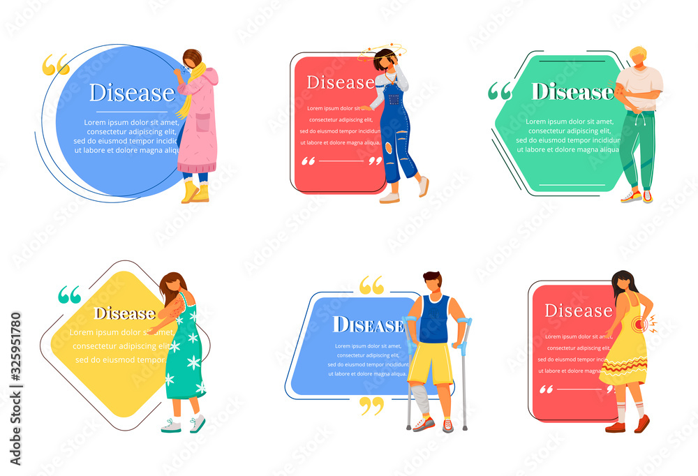 Disease flat color vector character quote set. Sickness symptoms ...