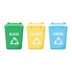 Poster - Trash sorting bins cartoon vector illustration. Waste management, recycling. Plastic, glass and paper multicolor containers flat object. Rubbish separation urban facility isolated on white background