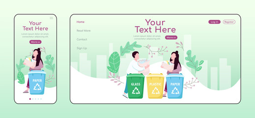 Poster - Waste management adaptive landing page flat color vector template. Garbage utilize mobile and PC homepage layout. Trash sorting one page website UI Eco friendly lifestyle webpage cross platform design