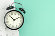 © Nuthawut - Flat lay or top view  of black alarm clock with white calendar on pastel green background with copy space, schedule for vacation, reminder for business appointment or deadline for business project