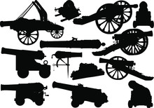 Set Of Black Silhouettes Of Varied Medieval Artillery Siege Of Fortress And Sea